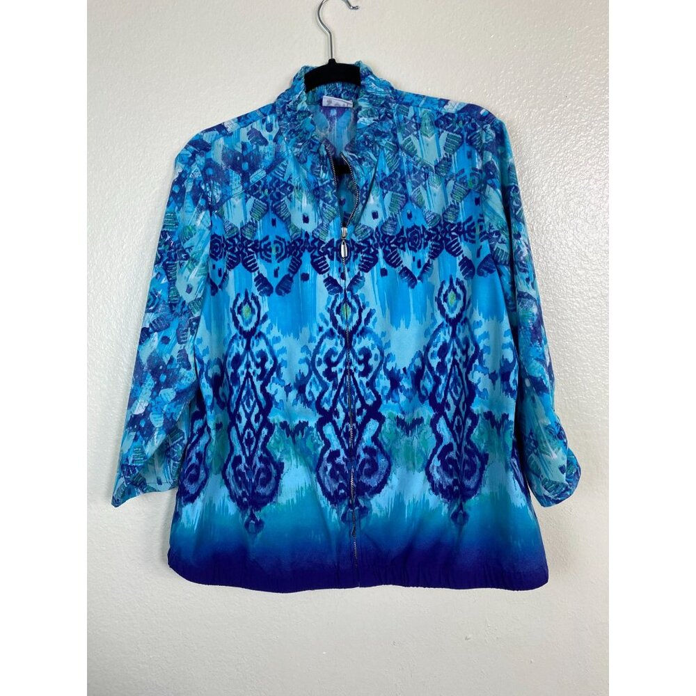 Zenergy Chicos 2 Blue Ikat Zip Up Jacket Sz Large Boho Geometric Artsy Lagenlook